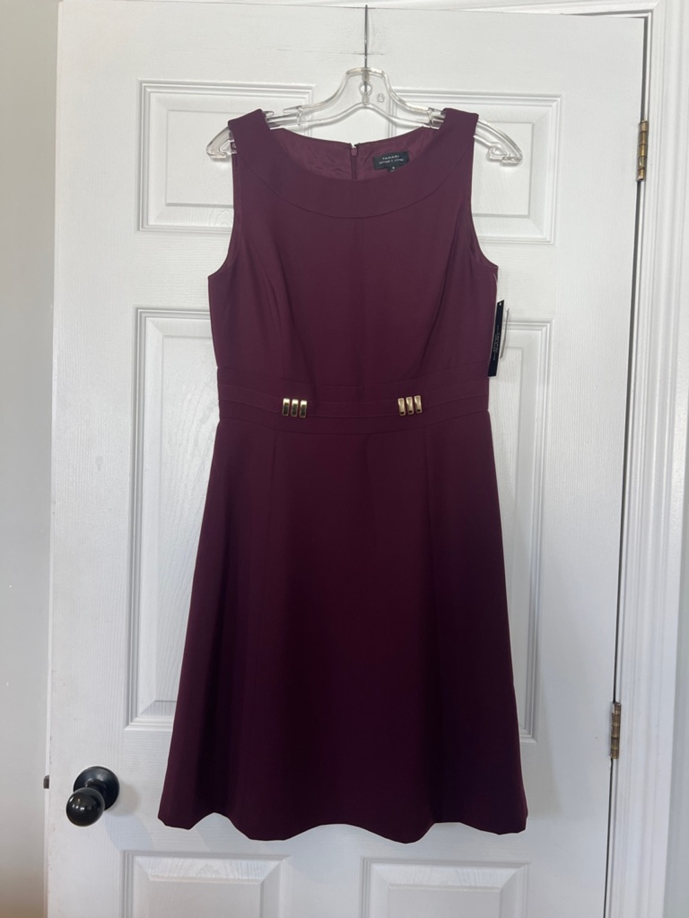 NWT- Tahari Midi Dress in Deep Plum with Gold Waist Accents - Picture 1 of 5